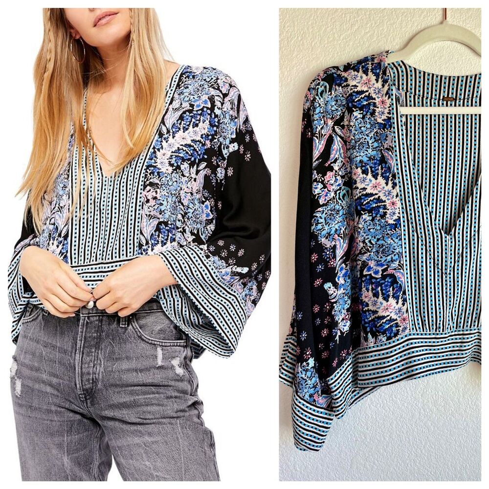 Free People Mix N Match Cropped V Neck Kimono Style Top in Black Combo Size S